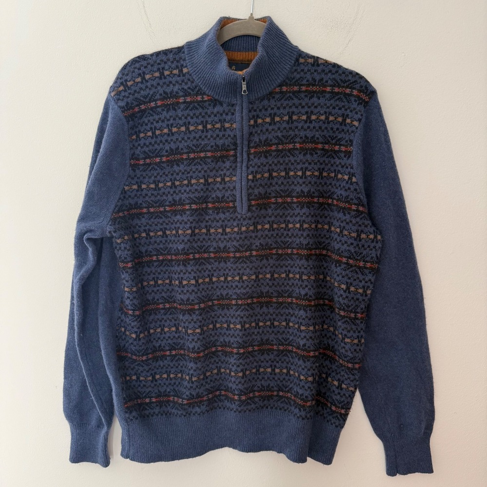 Brooks Brothers Mens XL Blue Merino Wool‎ Blend Fair Isle Quarter Zip Sweater